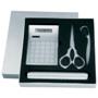 Office set with metal ruler, calculator, scissor and letter open