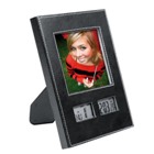 Luxurious photo frame in black with white stitching with clock,