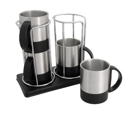 4 SS & BLACK MUGS IN STACKING STAND