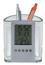 Transparent And Silver Pen Holder With Alarm Clock, Calendar, An