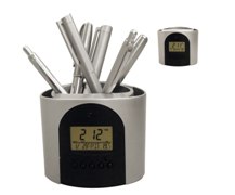 Silver & Black Penholder Mini W/Alarm Clock,Calendar And T
