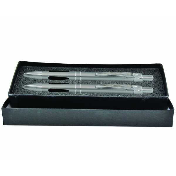 Slv Two Tone Metal Ball Point&Pencil Set W/Blk Rubber Grip In Pr