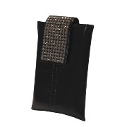 Black Pu Cellphone Holder W/ Crystal Flap And Shoulder Strap