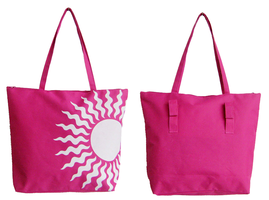 Pink Shopping / Beach Bag With White Sun Print And Velcro Strap