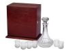 6 X LEAD CRYSTAL SCHNAPPS GLASSES AND DECANTER IN MERANTI BOX