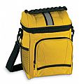 Cooler bag with front pocket and rubber handle.