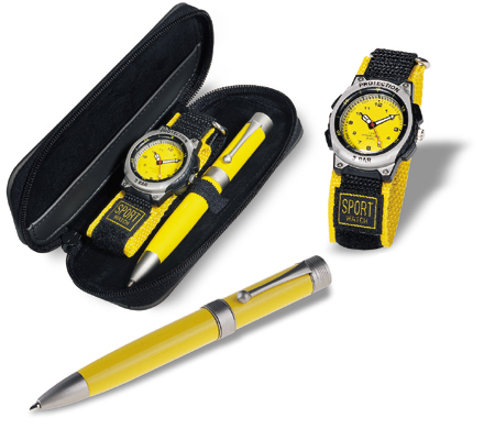 Gift set with sports watch and ball pen in case