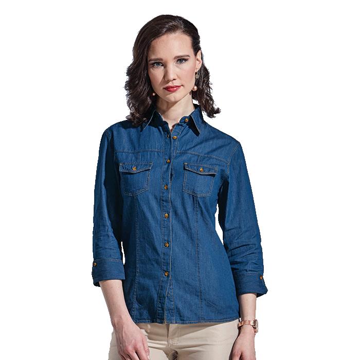 Barron Ladies Denim Blouse Short Sleeve - Avail in: Mid Blue