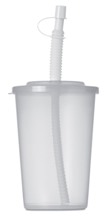Translucent plastic tumbler with cover and foldable straw. Capac