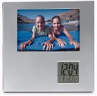 Plastic photo frame with an LCD display digital clock, calendar