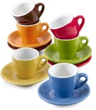Set of six different coloured porcelain cups (100ml) and saucers