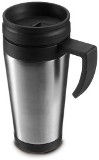 Stainless steel travel mug with a 520ml capacity and a plastic h