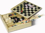 Combination five game set supplied in a wooden box dominoes, lud