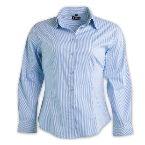 Ladies Long Sleeve Vertistripe Woven Shirt   - Avail in: Sky/Whi