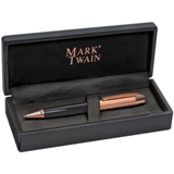Mark Twain copper/rose metal twist-action ball pen. Black lacque
