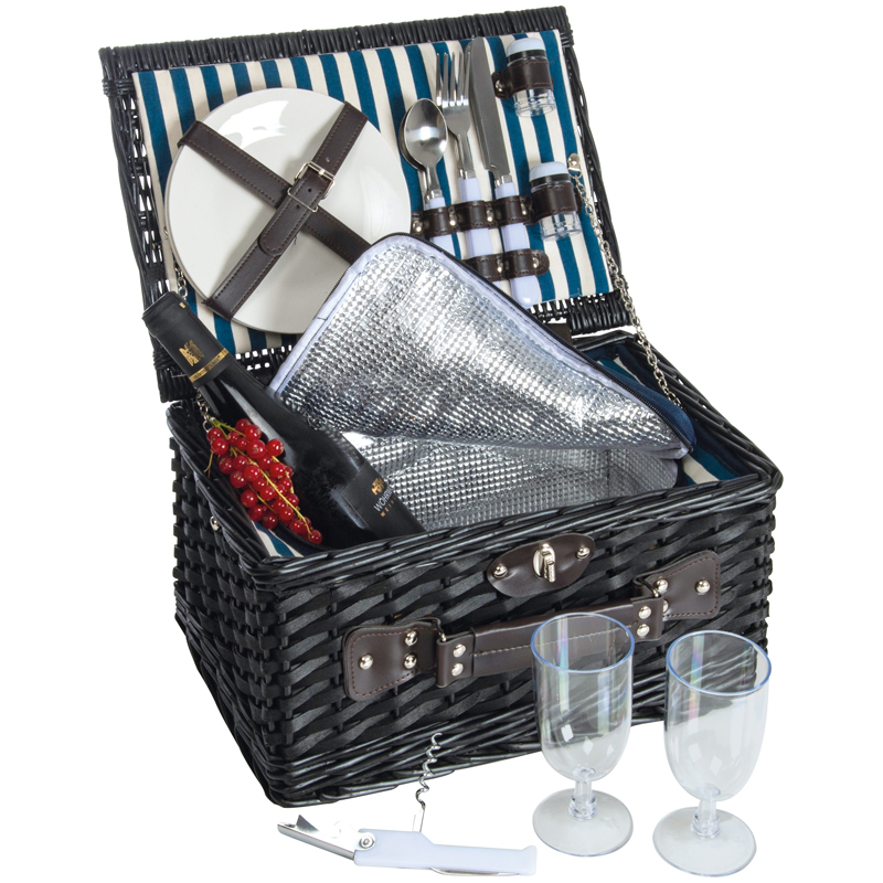 Wicker picnic set for 2 - with cooler compartment, plastic glass