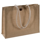 Jute bag with robust cord grips and loop closure.