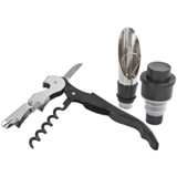 Wine set with a wine opener, pourer, bottle stopper and vacuum w