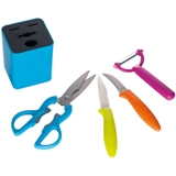 Kitchen set with a peeler, scissors, peeling knife and vegetable