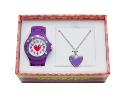 Girls  Kids Watch & Heart Pendant Gift Set Purple