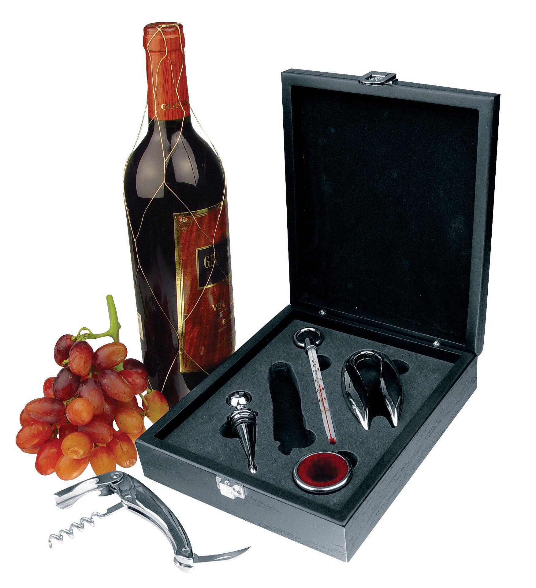 Superior 5-piece wine set in black wooden gift box with opener,