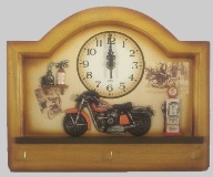 Wooden Wall Clock & Key Hooks with Motorbike Theme - 30cm Wide