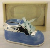 Silver Plated Shoe Money Box Blue - 11cm
