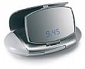 Compact travel mirror with LED light and LCD alarm clock.
