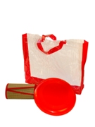 Red trim straw mat +  frisbee in pvc  carry bag with red