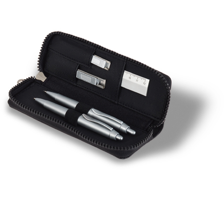 Pen, pencil, aluminium ruler,eraser, cutter in luxury pouch
