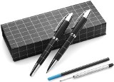Metal ballpen and rollerball set with extra blue refills, suppli