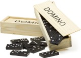 Domino game in a wooden box, with domino written on the lid. - A