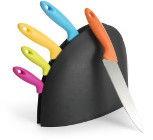 Five stainless steel kitchen knives with coloured handles, set i
