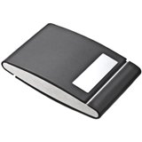 Dual sided metal/PU card holder with a plaque for branding.