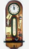 Wooden Wall Clock with Thermometer- Fishing Theme 16 * 44cms