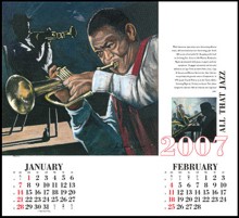 Page layout showing date pad on fine art African jazz promotional calendar
