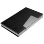Metal business card holder with faux leather finish to the cover