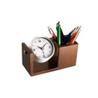 Round functional aluminium desk clock incorporated into a wooden