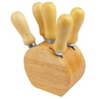 Wooden block with 4 cheese knives and fork