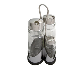 6PC STAINLESS STEEL AND GLASS CRUET SET