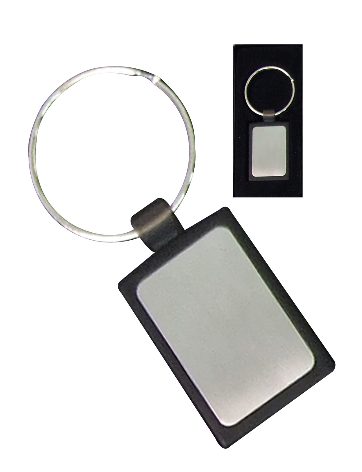 Silver Rectangular Keyring With Black Pu In Presentation Box