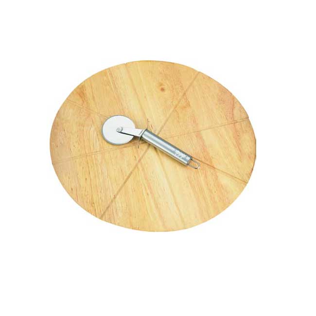 2Pc Rubber Wood Pizza Serving Board,W/Pizza Cutter In Presentati