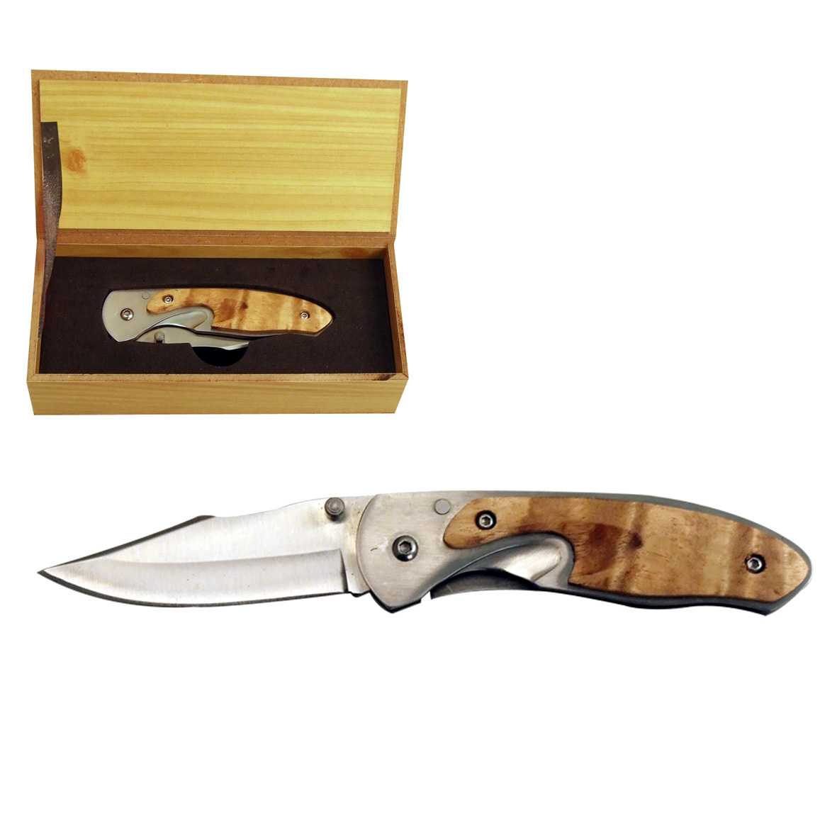 Stainless Steel And Wood Folding  Knife In Wooden Box (14X6X3.5C