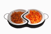 White porcelain 2 pcs snack bowl set with dark wood base