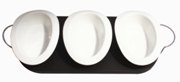 White porcelain 3 pcs snack bowl set with dark wood base