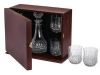 4 X LEAD CRYSTAL WHISKY GLASSES AND DECANTER IN MERANTI BOX