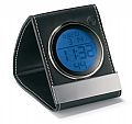 Travel alarm clock calender with blue backlight.