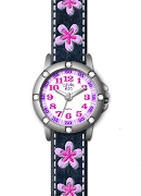 Clever Kids Girls Black Denim With Flowers Rnd Wrist Watch