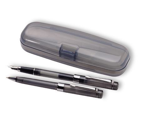 Gift set with transparent ball pen and fountain pen in box