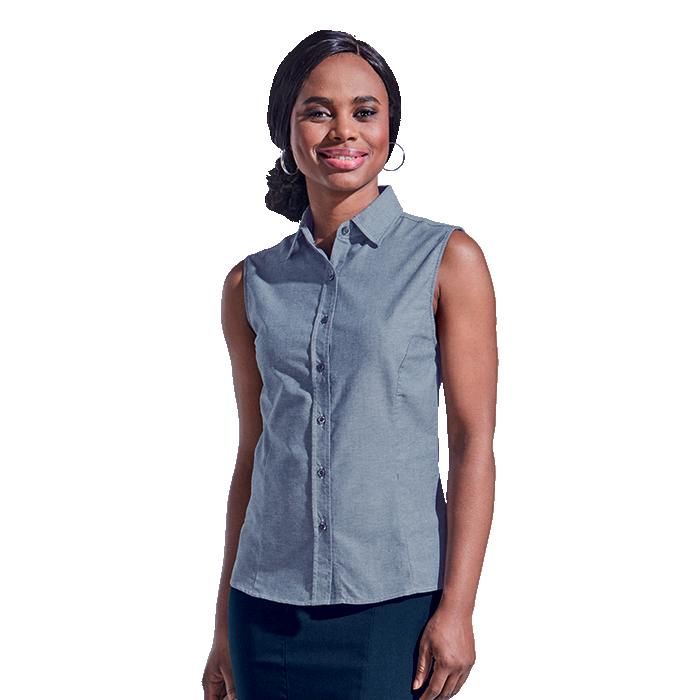 Barron Ladies Oxford Blouse Sleeveless - Avail in: Navy, Sky Blu